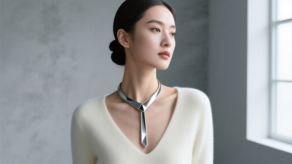 Fashion editorial portrait of a woman wearing a long lariat-style tech necklace over a deep V-neck cashmere sweater, minimalist
