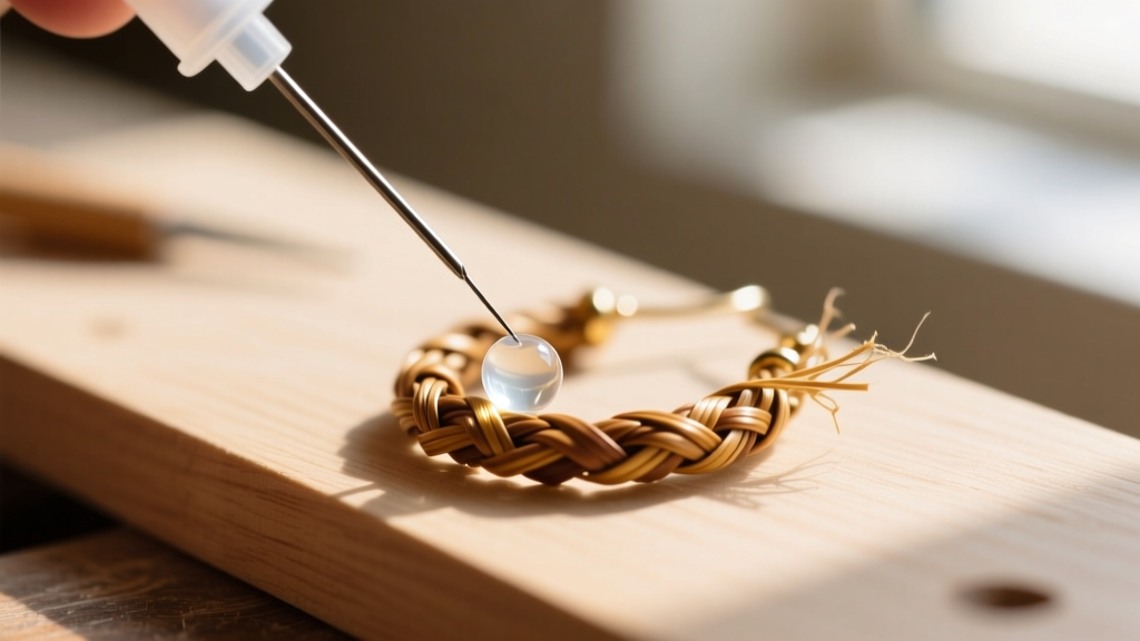 Macro shot of a fine needle applying clear PVA adhesive to a frayed lauhala earring edge resting on a clean wooden workbench.