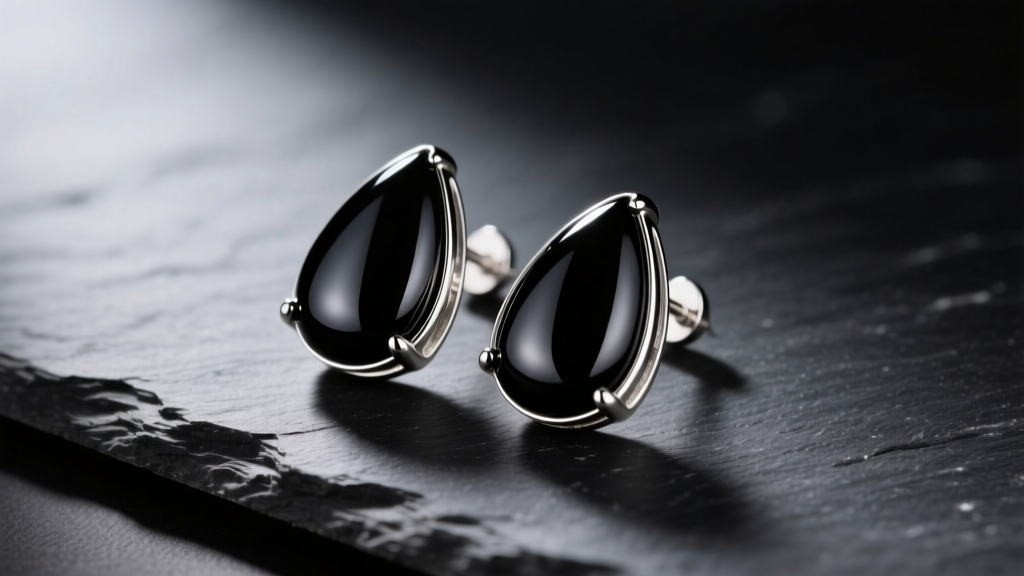 Polished black onyx teardrop earrings set in 925 sterling silver resting on dark slate under soft directional lighting.