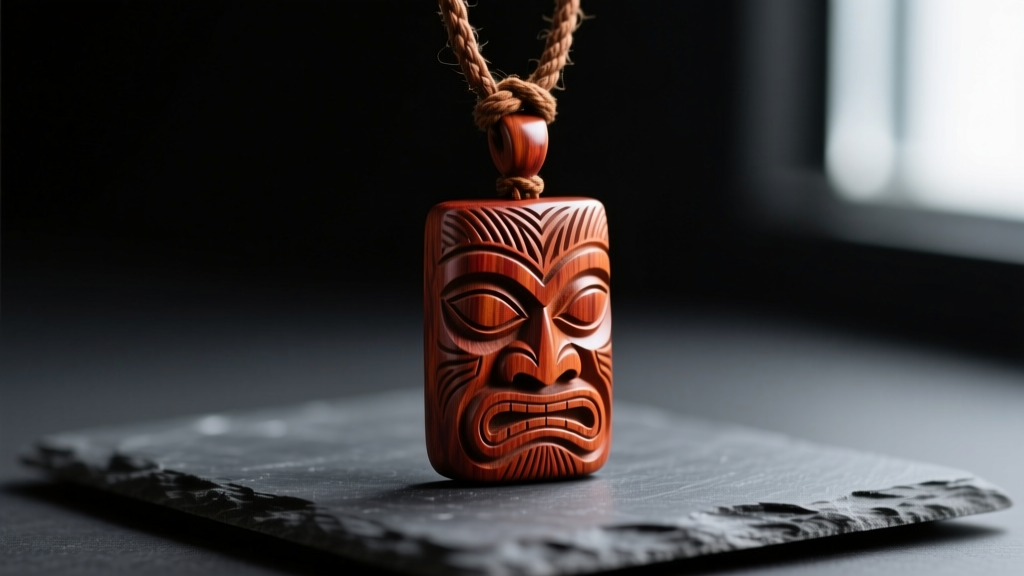 Carved Koa wood tiki pendant on dark slate, showing intricate facial features and a woven brown hemp cord necklace in soft light.