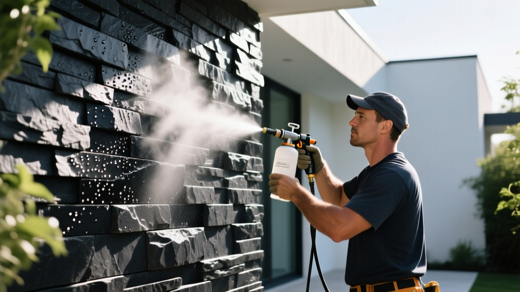 Contractor applying a siloxane penetrating sealer to dark stacked outdoor stone veneer panels using a low-pressure pump sprayer on a sunny exterior wall