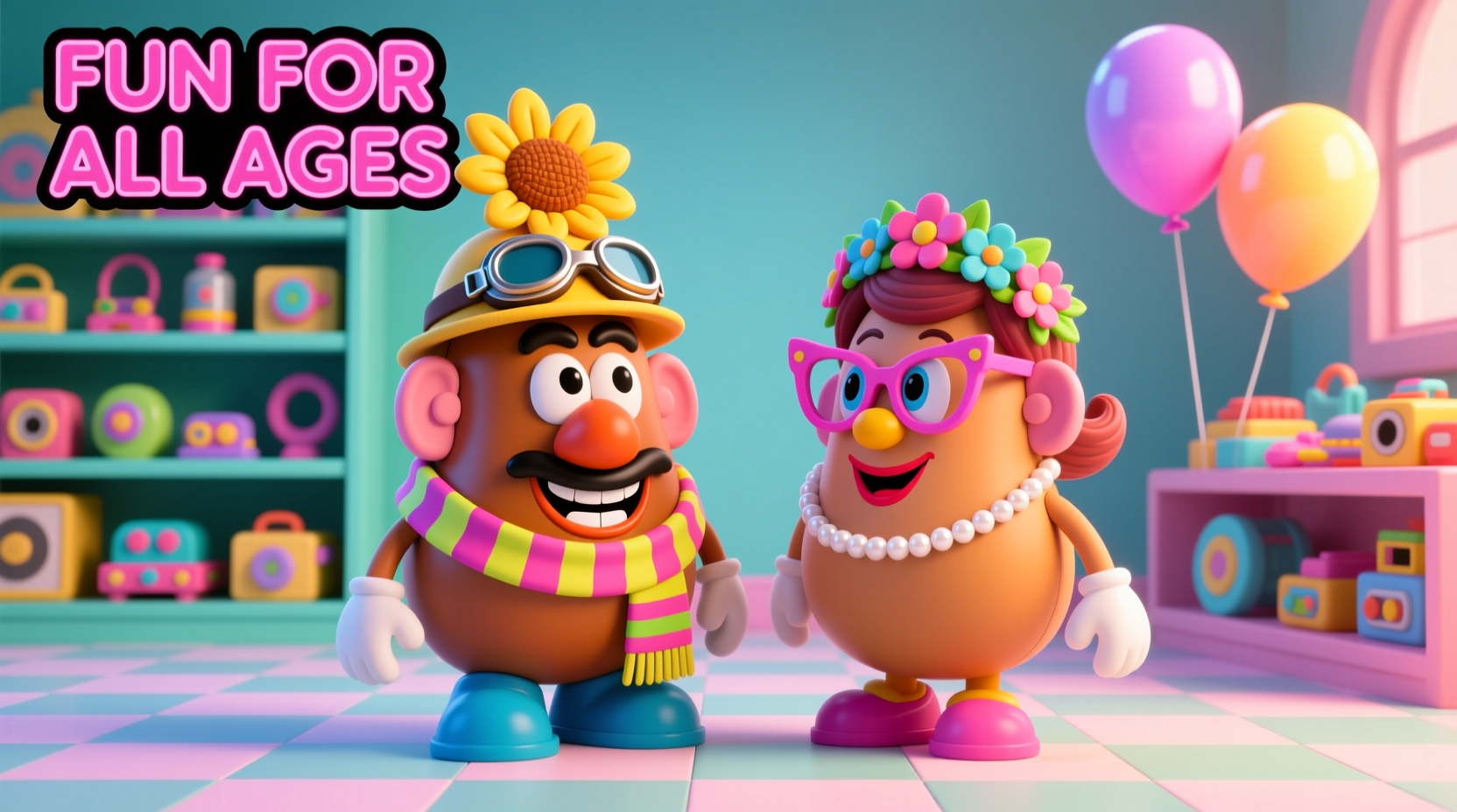 Colorful Mr. and Mrs. Potato Head toys with various accessories
