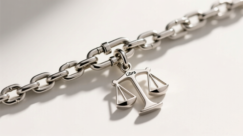 Close-up of a 1.0mm steel box chain and secure lobster clasp attached to a minimalist libra zodiac pendant jump ring