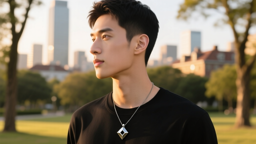 Side profile of a man wearing a minimalist matte black titanium promise necklace with geometric pendant in casual outdoor lighting.