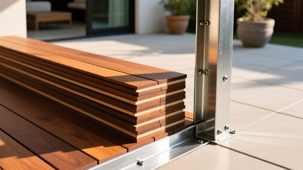 Stacked composite decking boards in warm mahogany tones next to galvanized steel framing and hidden fasteners on a sunny patio