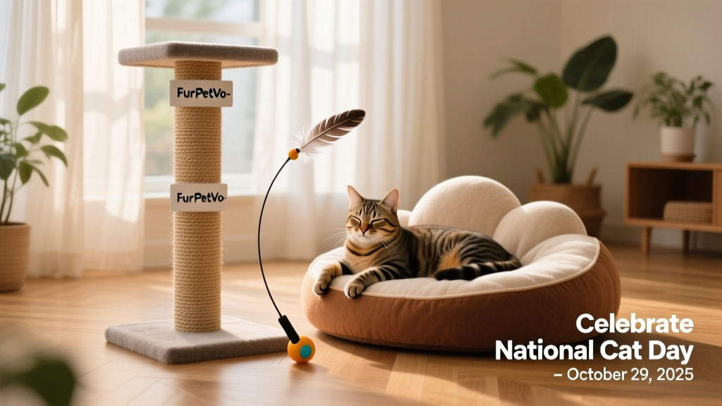 A cozy indoor cat setup with a FurPetVo-branded scratching post, soft bed, and interactive toy