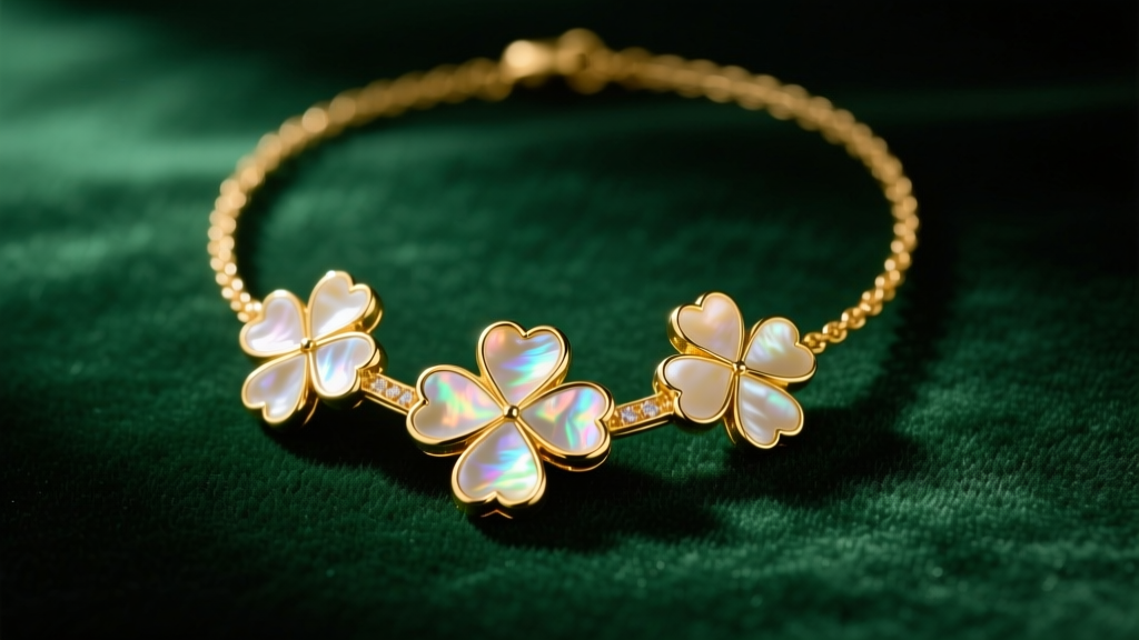 18k yellow gold designer clover necklace with mother-of-pearl inlays resting on dark green velvet under soft warm studio lighting