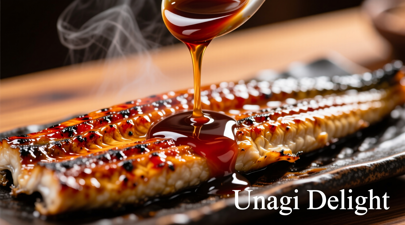 Close-up of glossy eel sauce drizzled over grilled unagi
