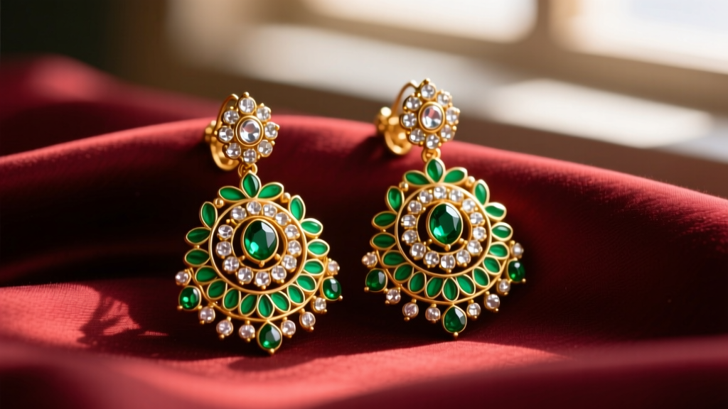 Close-up of ornate Rajasthani Jeenmata earrings with kundan stones and green meenakari enamel resting on dark red silk fabric.