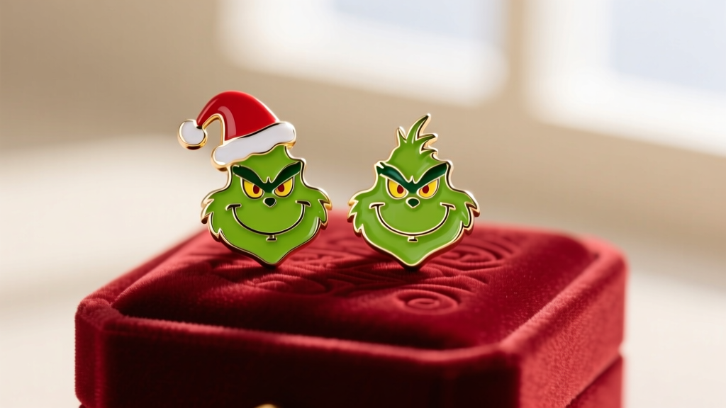Vibrant green enamel Grinch face stud earrings with a red Santa hat resting on a festive red velvet holiday jewelry box
