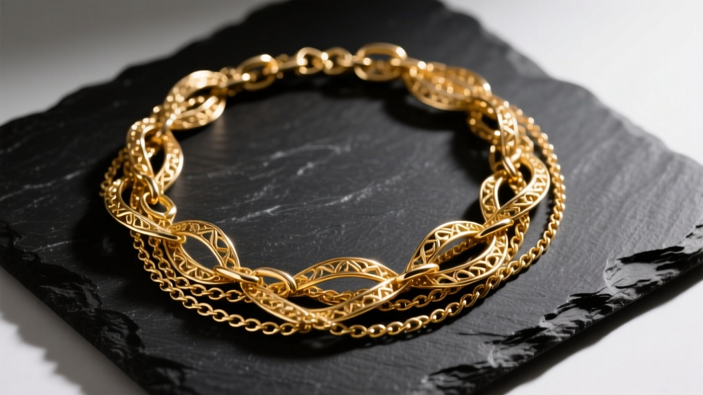 Overhead shot of a tangled gold multi layered necklace on a dark slate surface, illuminated by soft directional studio lighting