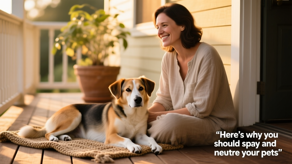 A calm, healthy mixed-breed dog resting peacefully beside its owner on a sunlit porch