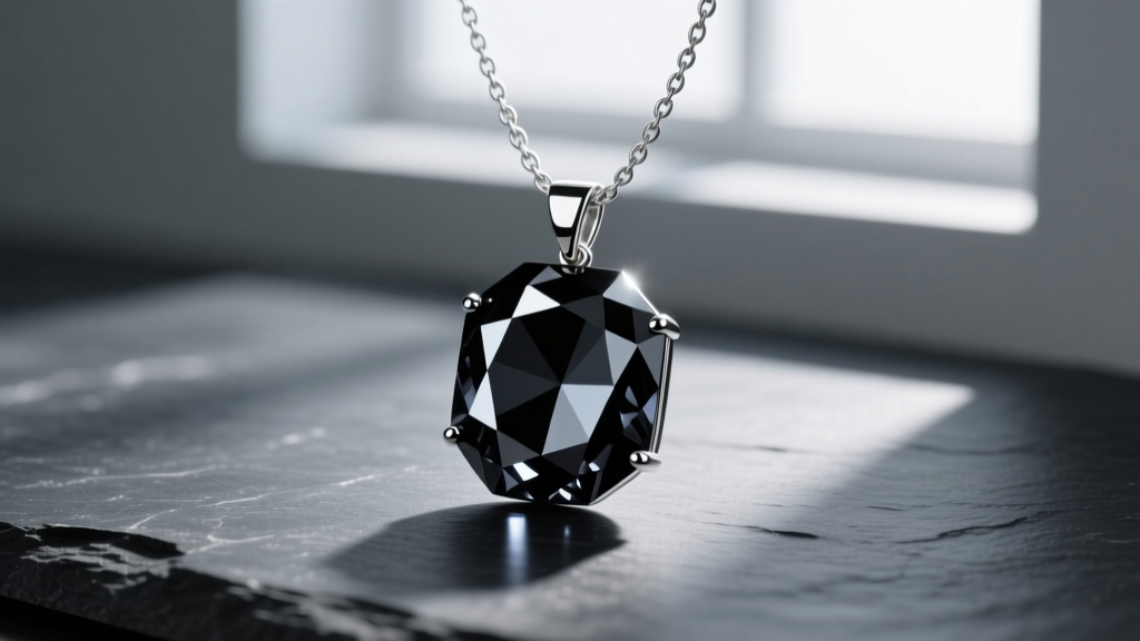 Faceted black spinel pendant on a silver chain on dark slate, soft lighting highlighting the stone deep, mirror-like luster.