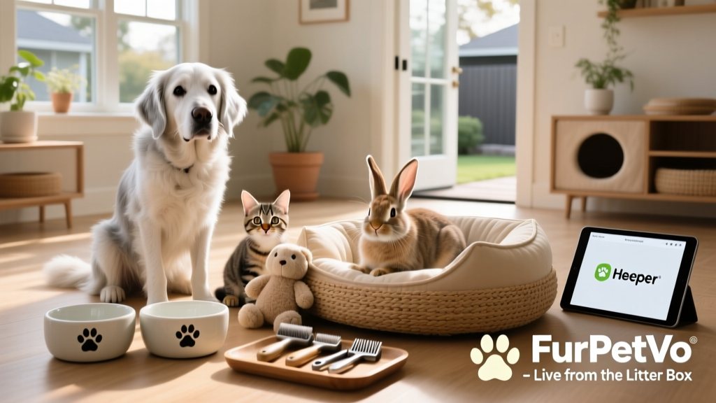 A diverse group of pets — a senior dog, a curious kitten, and a calm rabbit — surrounded by FurPetVo-branded essentials like bowls, beds, and grooming tools