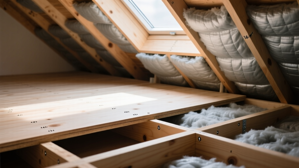 Cross-section of attic floor joists showing thick plywood subflooring installed over unfaced fiberglass batt insulation