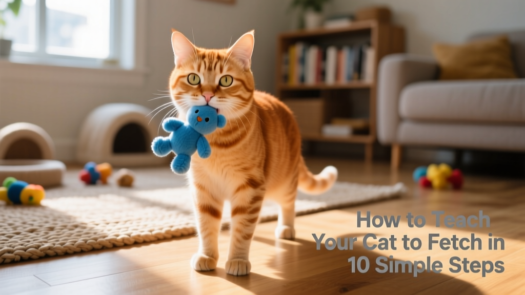 A ginger cat holding a small blue plush toy in its mouth, looking proudly toward the camera