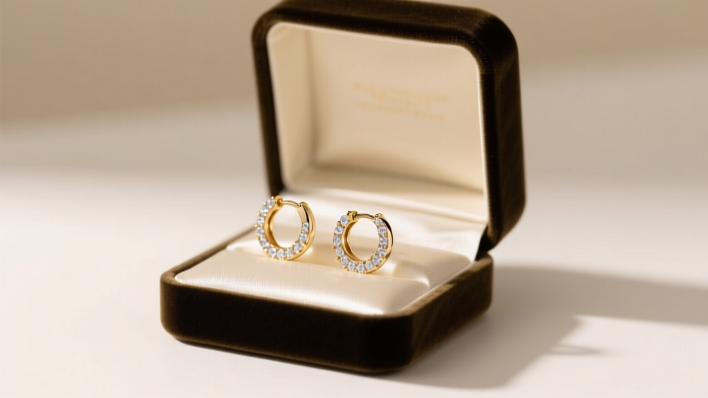 Open velvet gift box revealing 14k white gold circle diamond hoop earrings on soft satin under warm, elegant studio lighting.