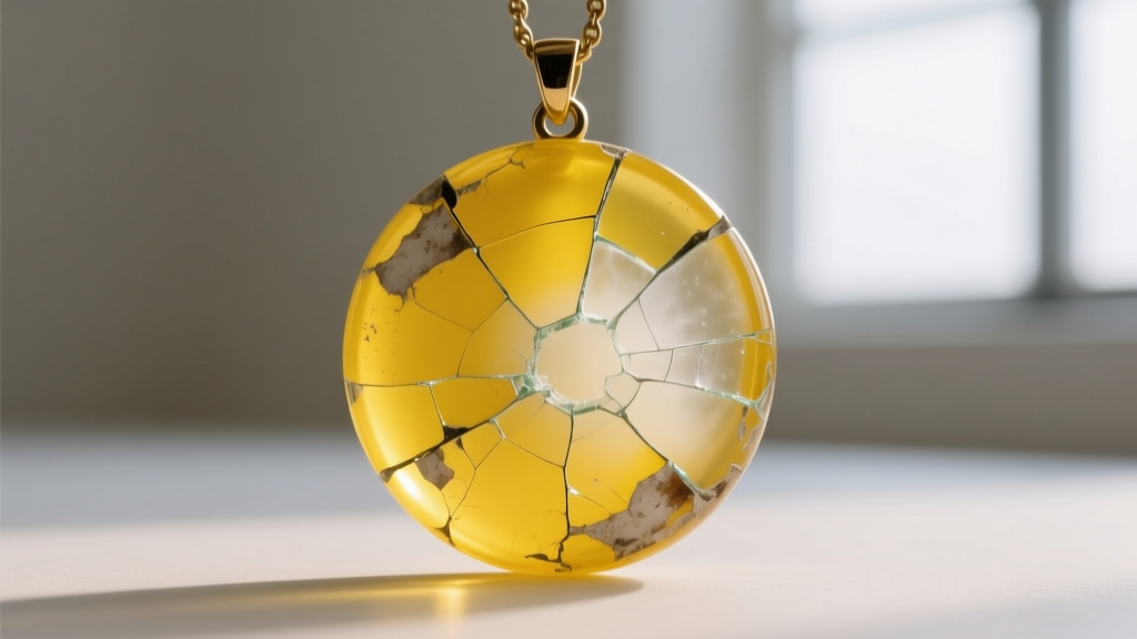 Close-up of a damaged 1980s yellow acrylic pendant charm showing a cloudy, cracked surface caused by harsh chemical solvents