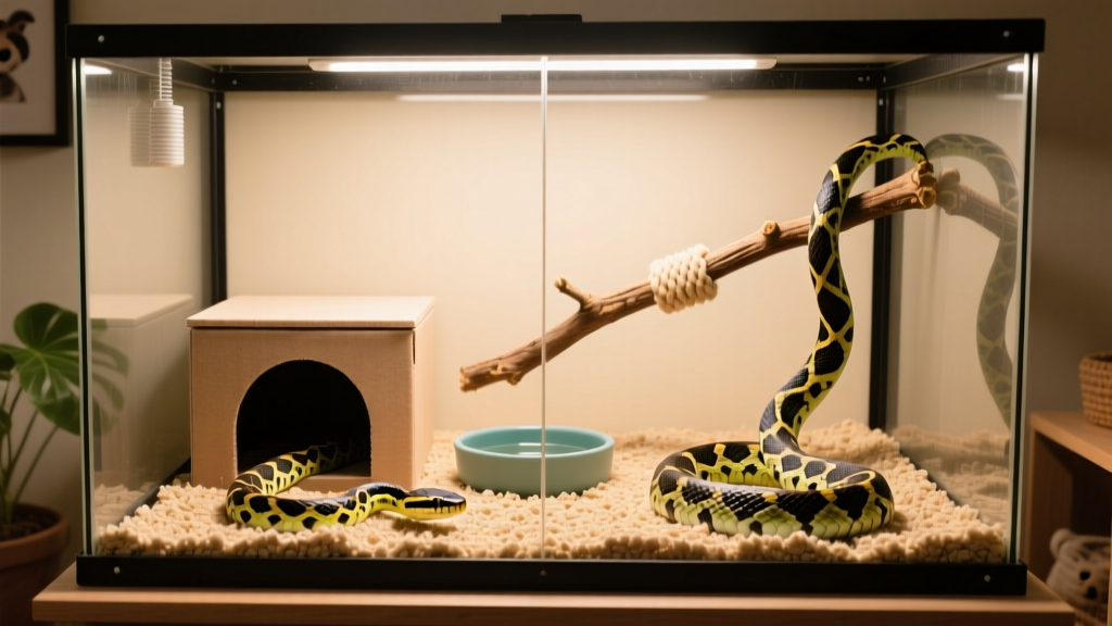 A clean, well-organized snake enclosure with substrate, hide box, water dish, and climbing branch