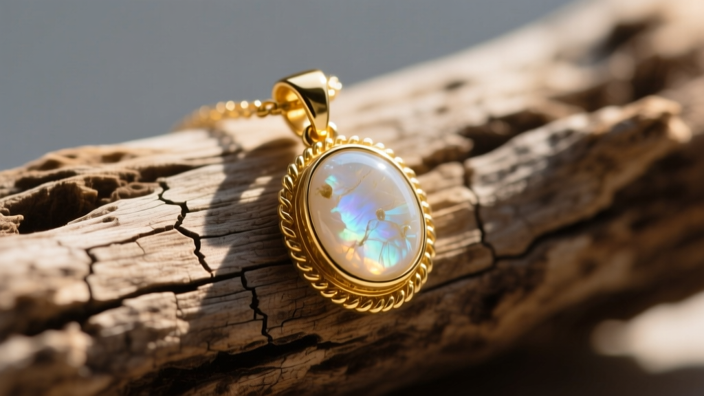 Macro shot of a gold-filled boho pendant with bezel-set raw moonstone cabochon resting on weathered driftwood in natural sunlight.