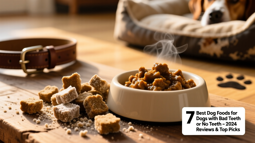 Close-up of crumbly, bite-sized freeze-dried dog food nuggets next to a bowl of rehydrated food