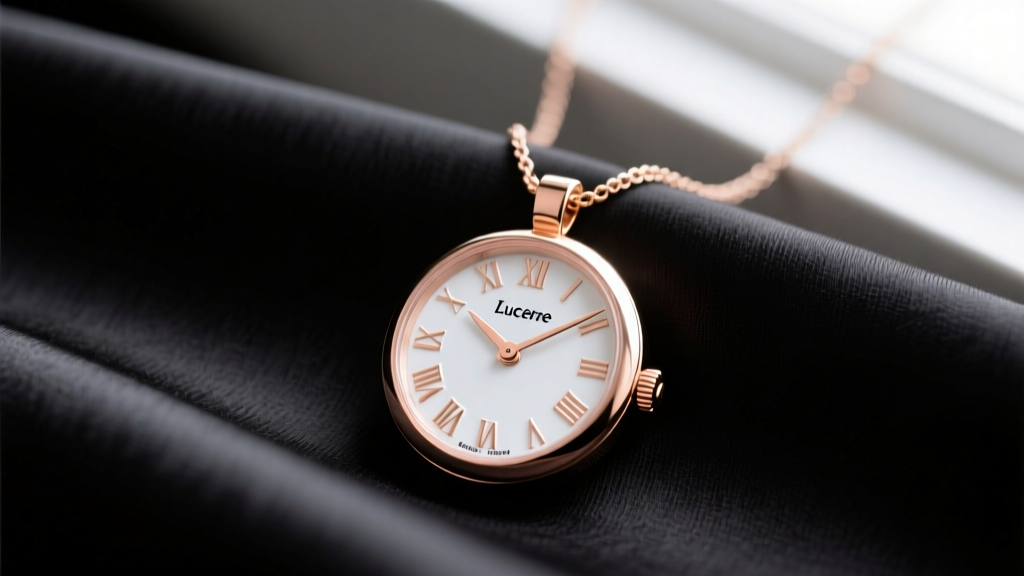 Close-up of a 32mm rose gold Lucerne watch necklace pendant with white enamel dial and Roman numerals resting on dark silk fabric.