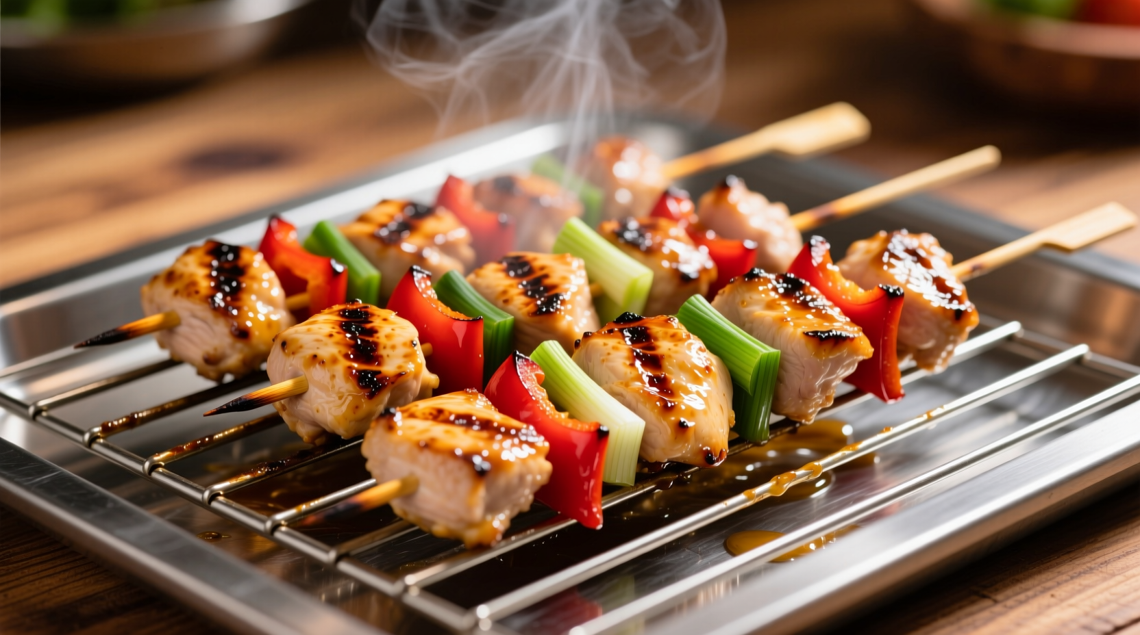 Perfectly cooked chicken skewers on oven rack