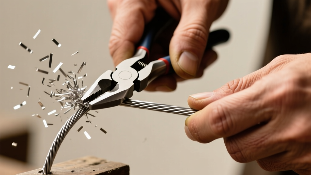 Jeweler hands using hardened steel flush cutters to snip thick 16-gauge stainless steel wire, with small metal shavings visible.