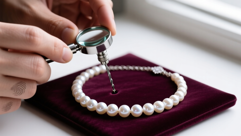 Close-up of a jeweler's hands holding a loupe to inspect the drill hole of a lustrous white Akoya pearl necklace on a velvet pad.