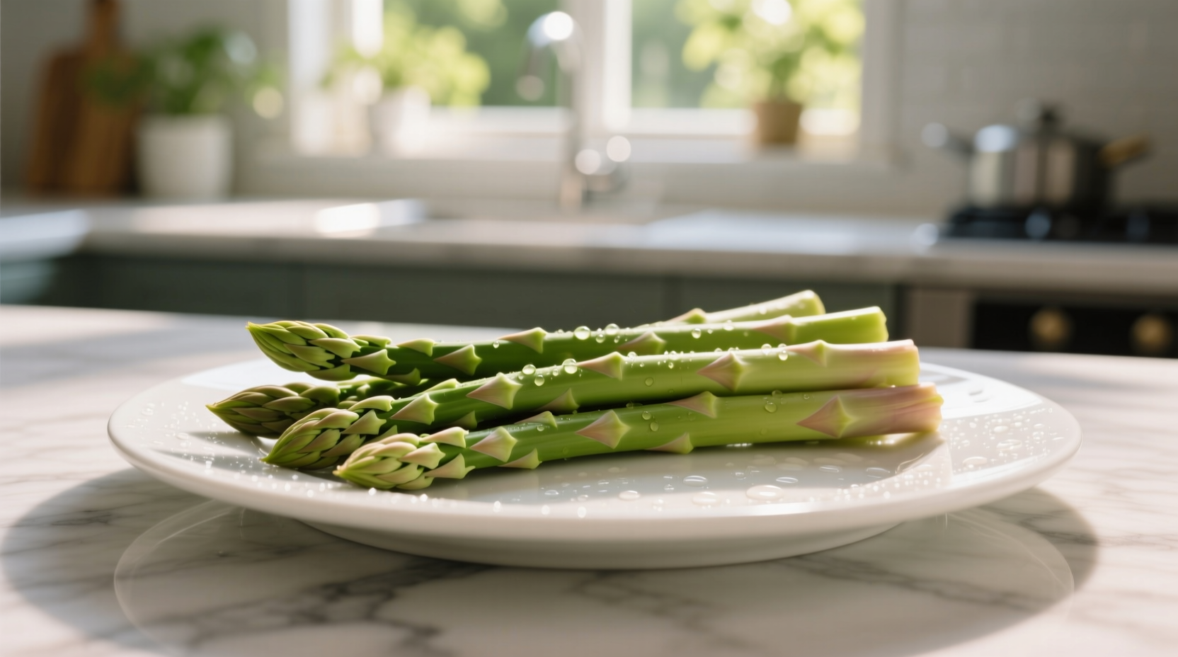 Fresh asparagus spears arranged on white plate