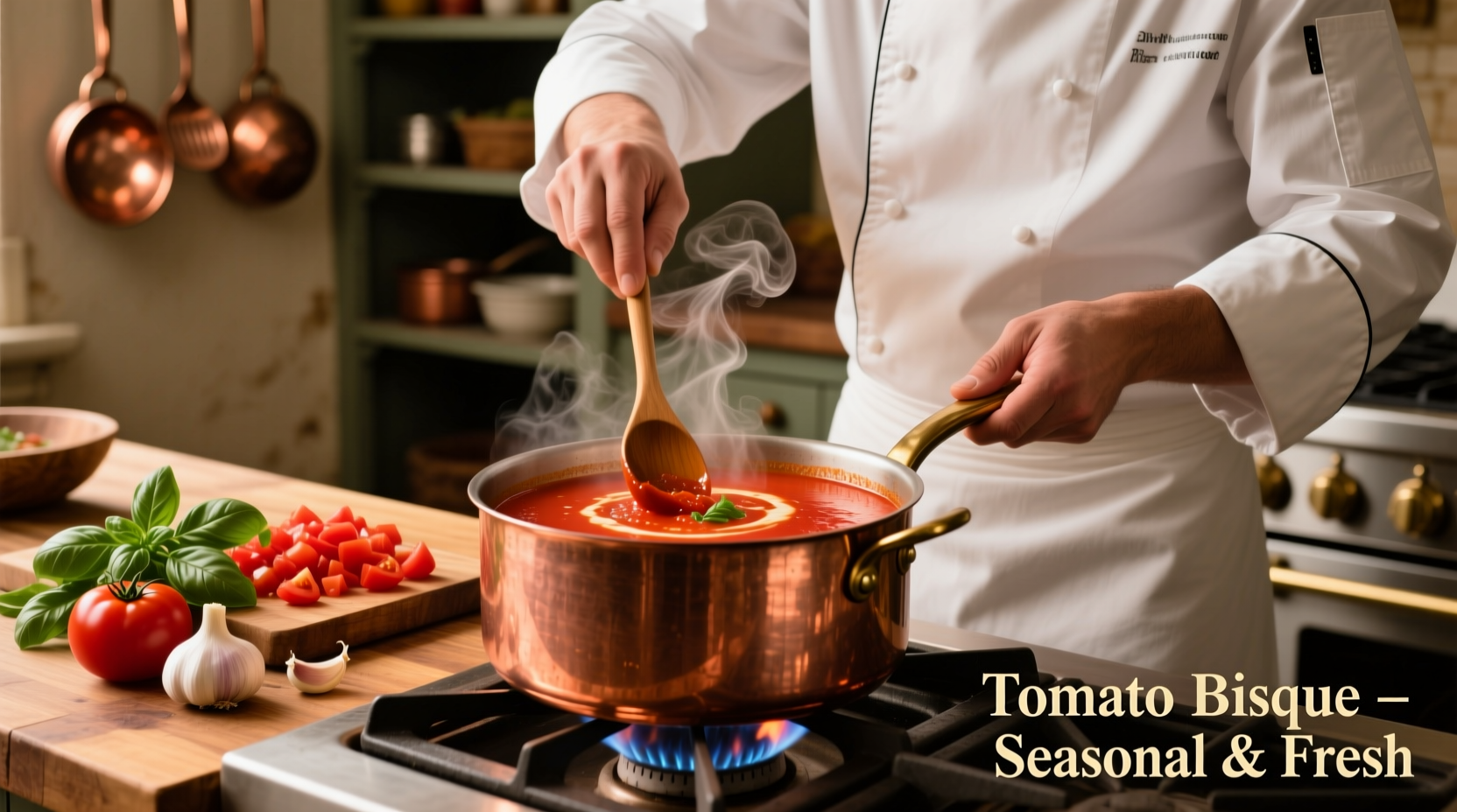 Chef preparing fresh tomato bisque in copper pot