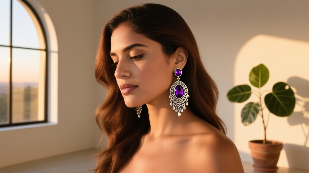Woman wearing vintage Mexican silver drop earrings with amethyst stones, illuminated by soft, warm, natural window light indoors.