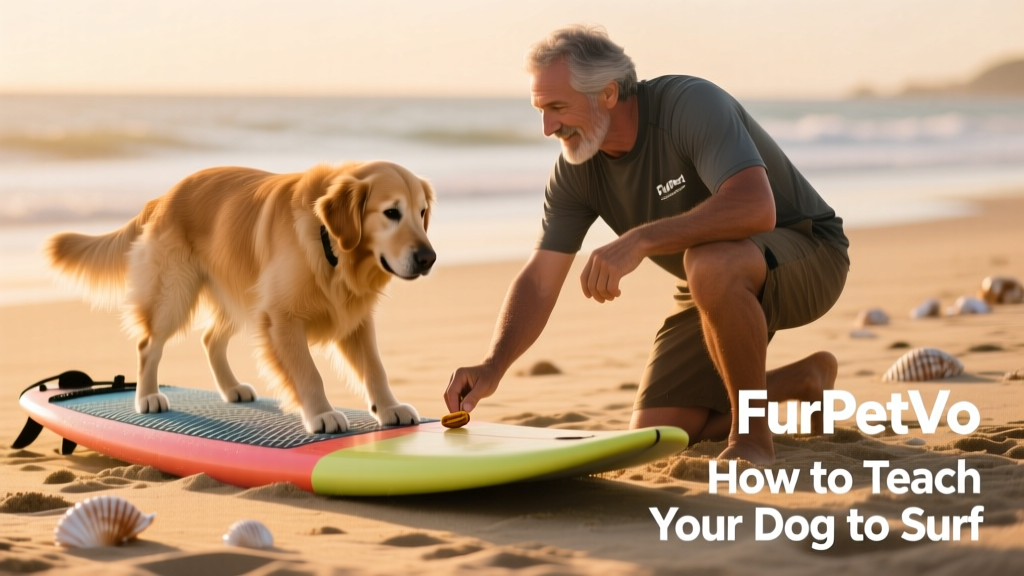 A trainer gently guiding a dog onto a FurPetVo surfboard on dry sand, using treats and calm body language