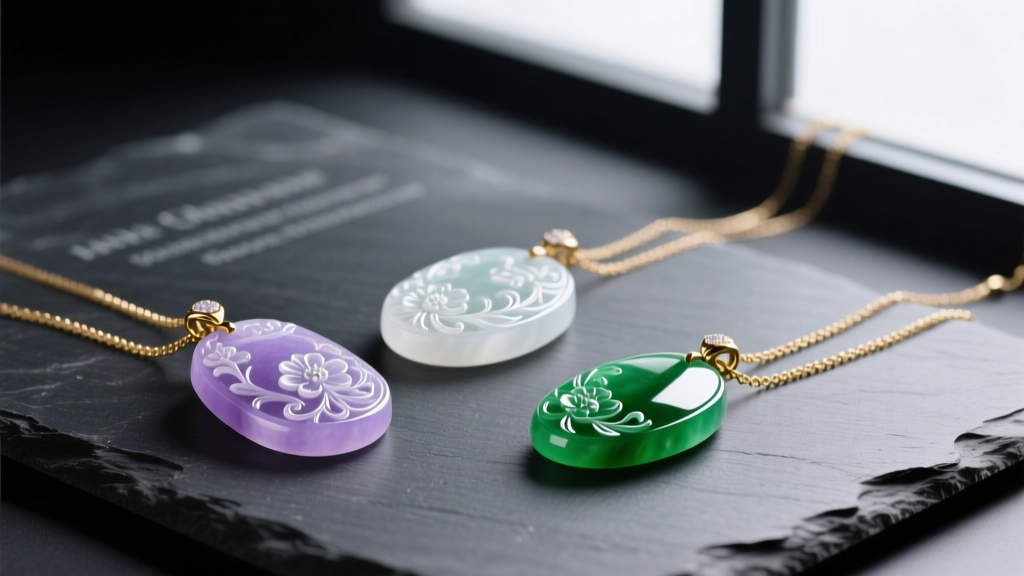 Flat lay of carved jade pendants in lavender, ice white, and spinach green resting on dark slate with delicate gold chains nearby.