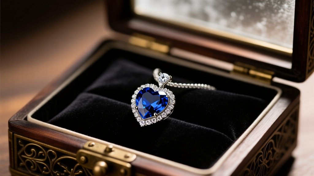 Heart-shaped blue sapphire pendant with diamond halo on dark velvet under cinematic lighting inside a vintage jewelry display box.