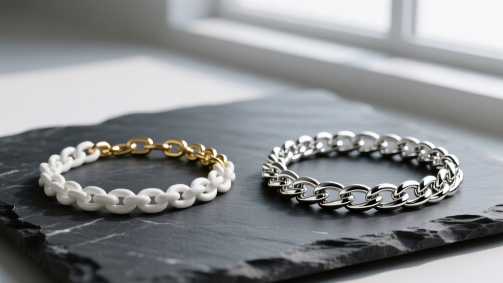 Side-by-side view of a dull white gold chain and a bright rhodium-plated chain resting on a dark textured slate surface backdrop.