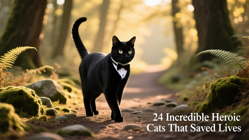 A tuxedo cat walking purposefully along a forest path, glancing back as if guiding someone