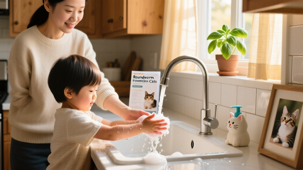 Child washing hands at a sink with soap and running water, supervised by an adult