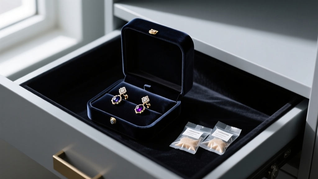 Velvet box with custom photo earrings stored alongside silica gel packets in a dark, climate-controlled drawer.