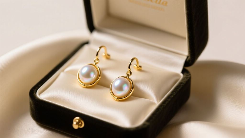 Open velvet box revealing 18k gold Bella pearl drop earrings on cream silk, soft warm studio lighting highlighting pearl luster