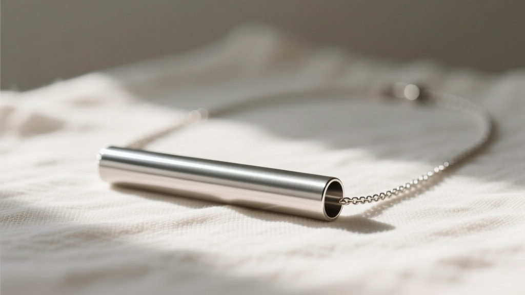 Brushed stainless steel mindful breathing necklace resting on a linen cloth, soft morning light highlighting the cylindrical tube
