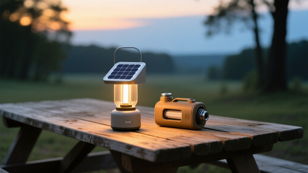 A micro-solar lantern and portable water purifier resting on a wooden picnic table, highlighting practical off-grid utility gadgets in the evening.