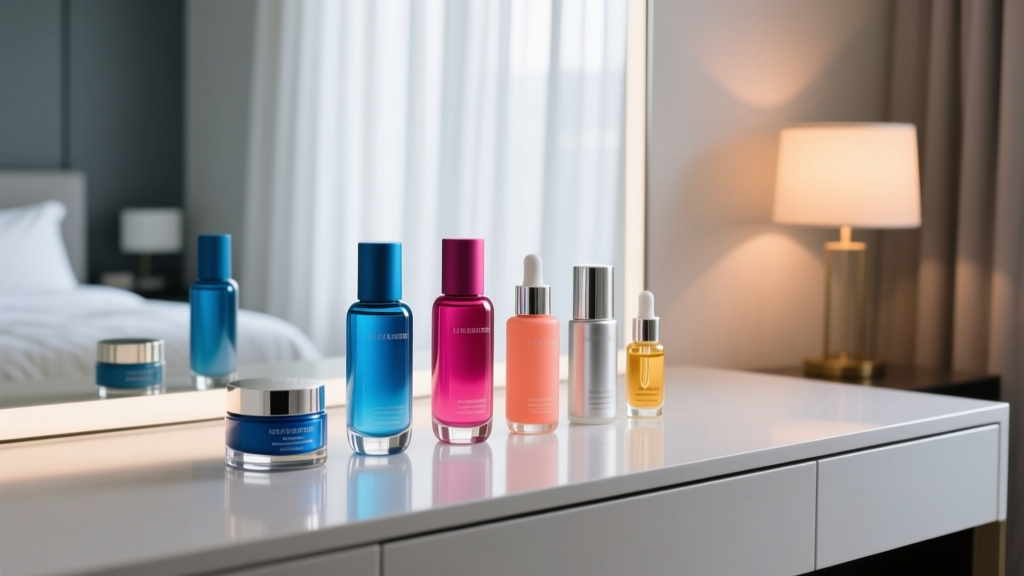 Nighttime skincare products arranged on vanity