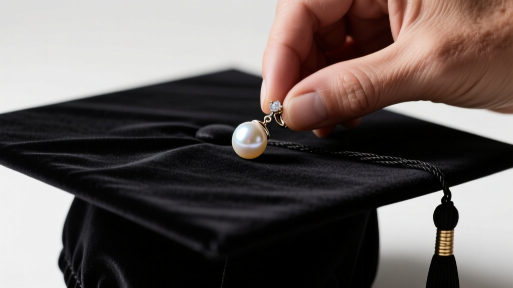 Close-up of a jeweler inspecting a classic pearl stud earring resting on a dark velvet graduation cap under soft studio lighting