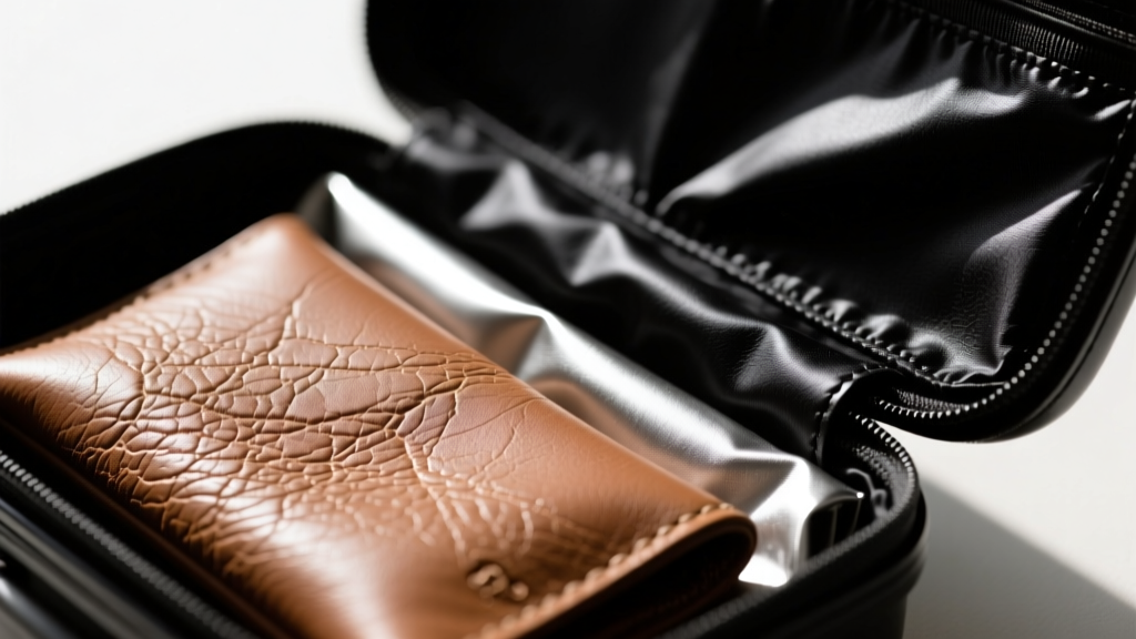 Macro shot of plant-based leather texture next to black Pacific Silvercloth anti-tarnish lining inside a compact travel organizer