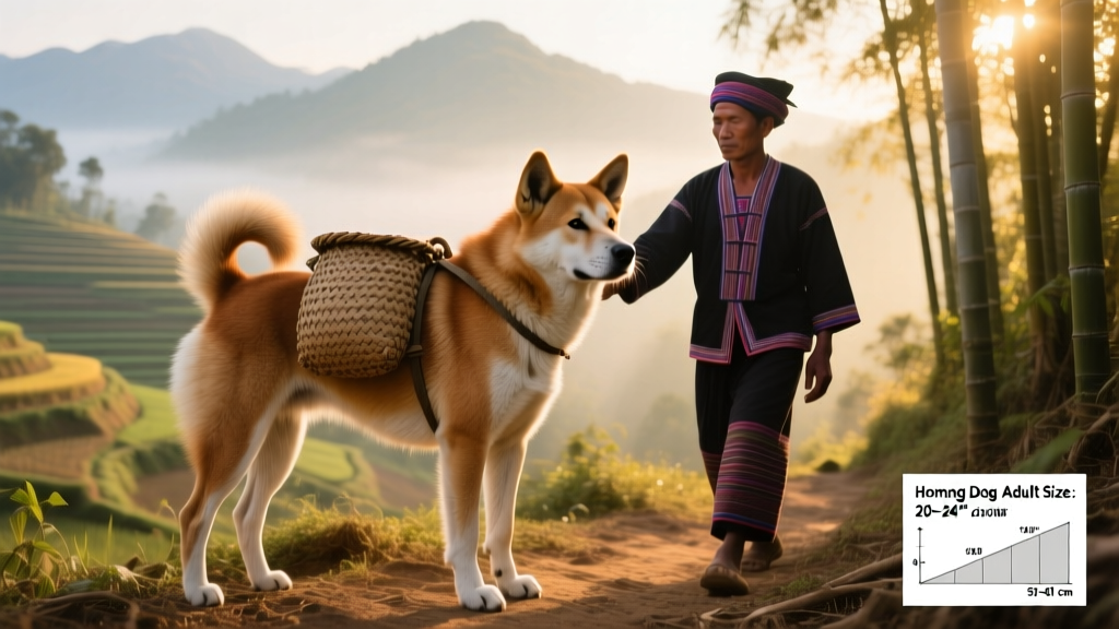 Hmong Dog performing a calm, focused task—such as carrying a small pack or sitting attentively beside its owner on a hiking trail