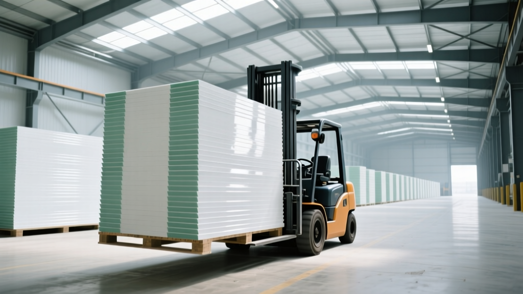 Industrial warehouse interior with forklifts moving pallets of precisely stacked 5/8-inch Type X gypsum boards with tapered edges