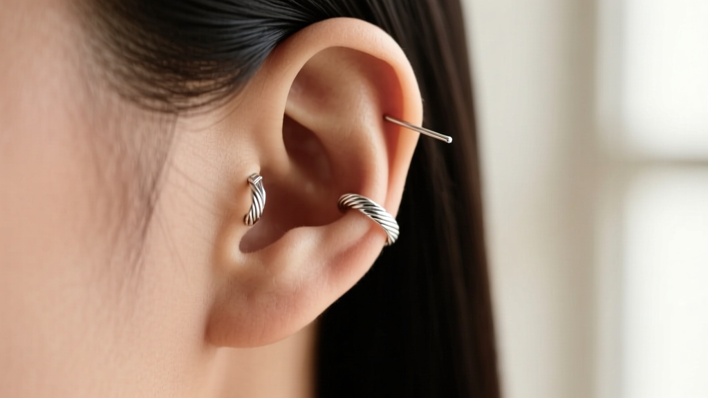 Side profile of an ear showing a sterling silver threader earring woven through conch and helix piercings in soft natural lighting