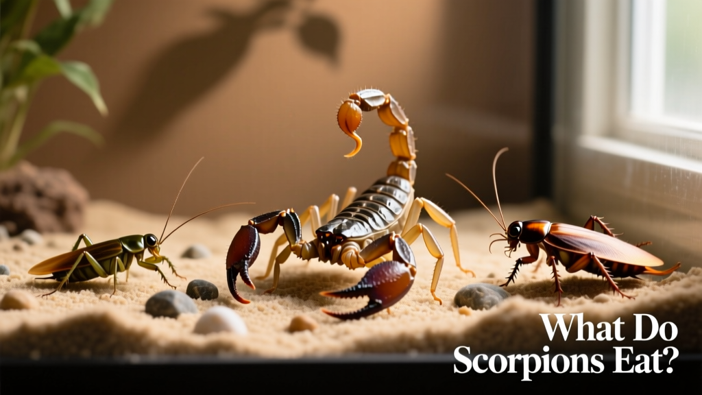 Side-by-side comparison showing properly sized crickets and roaches next to a healthy adult scorpion in its enclosure