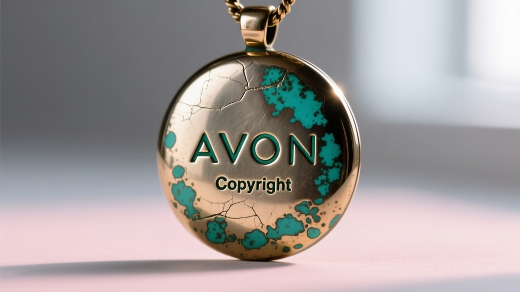 Macro photography of the back of a vintage Avon pendant showing the stamped AVON logo and copyright symbol in patinated metal.